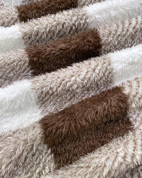 Plaid Print Double Breasted Teddy Coat brown