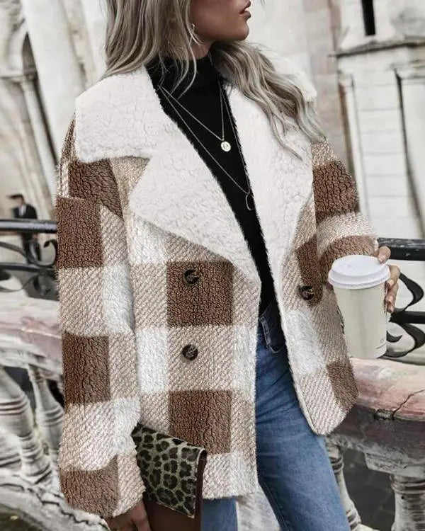 Plaid Print Double Breasted Teddy Coat brown