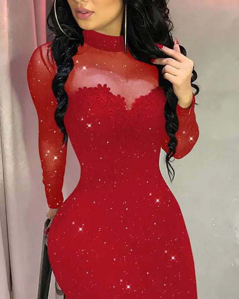 Off Shoulder Long Sleeve Lace Spliced Ruched Evening Dress Velvet Mini Party Dress red