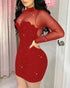 Leopard Print & Sequin Decor Mock Neck Sheer Mesh Spliced Bodycon Dress Zipper Back Mini Party Dress red