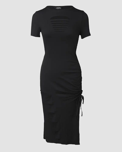 O-neck Short Sleeve Solid Color Cut-Out Ruched Drawstring Bodycon Dress with Side Slit black