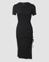 O-neck Short Sleeve Solid Color Cut-Out Ruched Drawstring Bodycon Dress with Side Slit black