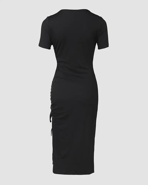 O-neck Short Sleeve Solid Color Cut-Out Ruched Drawstring Bodycon Dress with Side Slit black