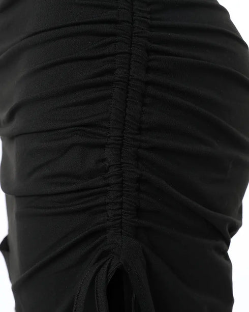 O-neck Short Sleeve Solid Color Cut-Out Ruched Drawstring Bodycon Dress with Side Slit black