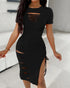 O-neck Short Sleeve Solid Color Cut-Out Ruched Drawstring Bodycon Dress with Side Slit black