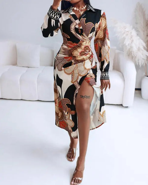 Abstract Print Turn-down Collar Tied Detail Ruched Dress Casual Wrap Front Vacation Dress Multicolor
