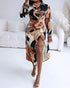 Abstract Print Turn-down Collar Tied Detail Ruched Dress Casual Wrap Front Vacation Dress Multicolor