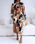 Abstract Print Turn-down Collar Tied Detail Ruched Dress Casual Wrap Front Vacation Dress Multicolor