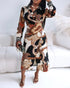 Abstract Print Turn-down Collar Tied Detail Ruched Dress Casual Wrap Front Vacation Dress Multicolor