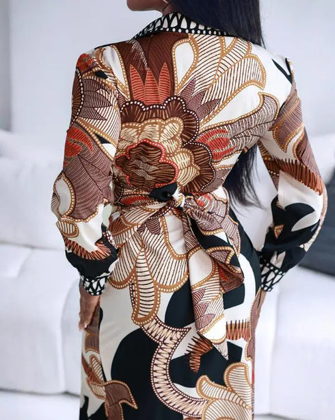 Abstract Print Turn-down Collar Tied Detail Ruched Dress Casual Wrap Front Vacation Dress Multicolor