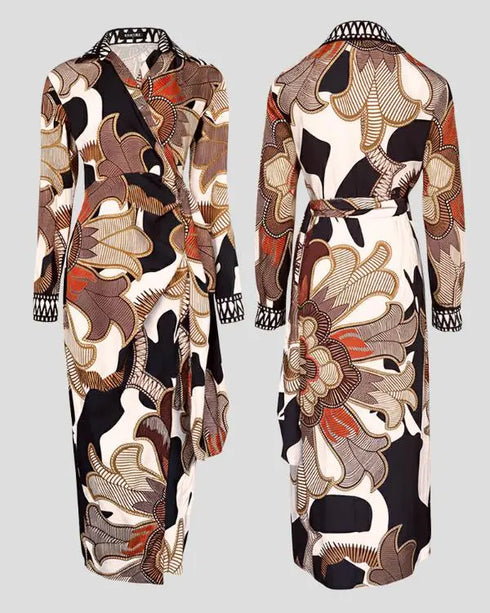 All Over Print Turn-down Collar Tied Detail Dress Casual Ruched Wrap Front Vacation Dress Multicolor