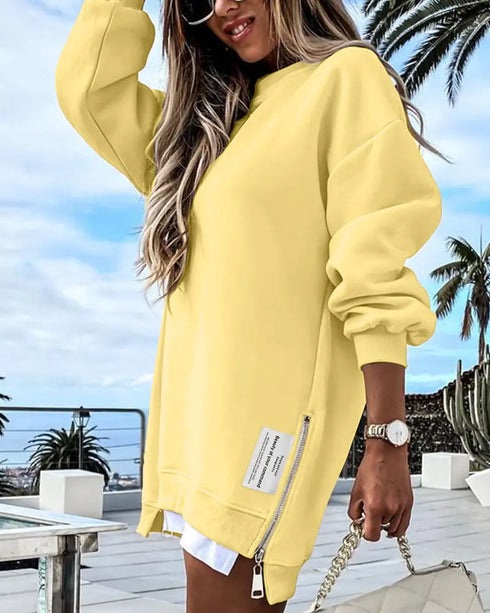 Long Sleeve Pocket Design Pullover Sweatshirt Casual Faux Two Piece Longline Drawstring Hooded Top yellow