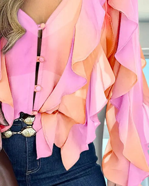 V Neck Shoulder Ruffles Design Blouse Casual Button Front Long Sleeve Top Multicolor