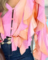 V Neck Shoulder Ruffles Design Blouse Casual Button Front Long Sleeve Top Multicolor