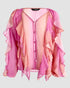 V Neck Shoulder Ruffles Design Blouse Casual Button Front Long Sleeve Top Multicolor