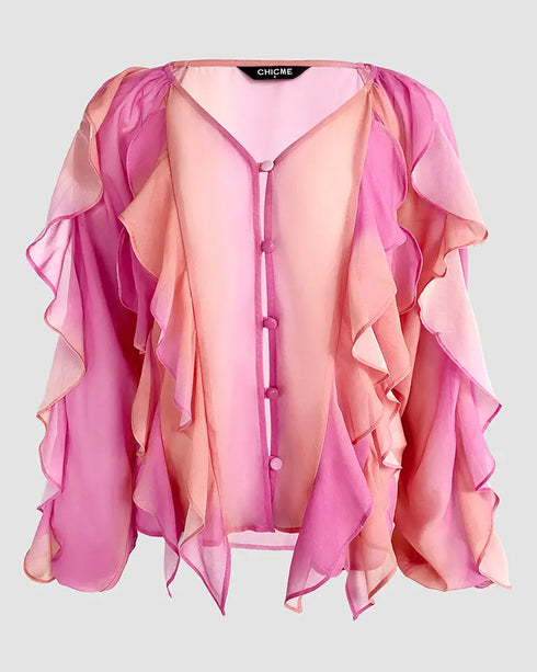 Ombre V Neck Shoulder Asymmetrical Ruffles Blouse Casual Button Front Long Sleeve Top Multicolor