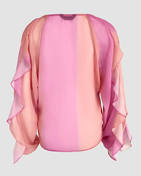 V Neck Shoulder Ruffles Design Blouse Casual Button Front Long Sleeve Top Multicolor