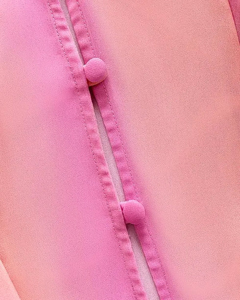 V Neck Shoulder Ruffles Design Blouse Casual Button Front Long Sleeve Top Multicolor