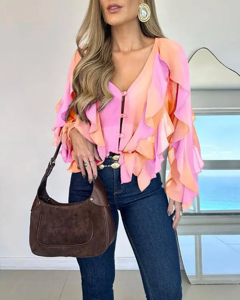 V Neck Shoulder Ruffles Design Blouse Casual Button Front Long Sleeve Top Multicolor