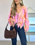 V Neck Shoulder Ruffles Design Blouse Casual Button Front Long Sleeve Top Multicolor