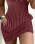 Chevron Pattern V-Neck Chain Decor Pocket Design Mini Dress Wine red