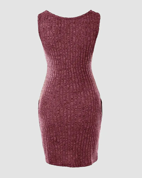 Chevron Pattern V-Neck Chain Decor Pocket Design Mini Dress Wine red