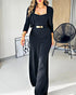 2 Pieces Outfit Metal Decor Square Neck Thick Strap Zipper Back Cinched Waist Wide Leg Jumpsuit and Casual Crop Cardigan Set black