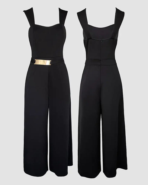 2 Pieces Outfit Metal Decor Square Neck Thick Strap Zipper Back Cinched Waist Wide Leg Jumpsuit and Casual Crop Cardigan Set black