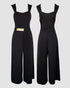 2 Pieces Outfit Metal Decor Square Neck Thick Strap Zipper Back Cinched Waist Wide Leg Jumpsuit and Casual Crop Cardigan Set black