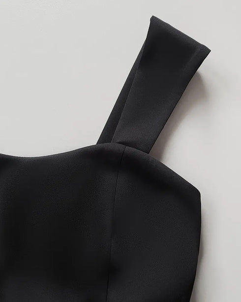 2 Pieces Outfit Metal Decor Square Neck Thick Strap Zipper Back Cinched Waist Wide Leg Jumpsuit and Casual Crop Cardigan Set black