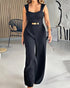 2 Pieces Outfit Metal Decor Square Neck Thick Strap Zipper Back Cinched Waist Wide Leg Jumpsuit and Casual Crop Cardigan Set black