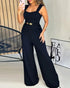 2 Pieces Outfit Metal Decor Square Neck Sleeveless Cinched Waist Wide Leg Jumpsuit and Casual Crop Cardigan Sets black