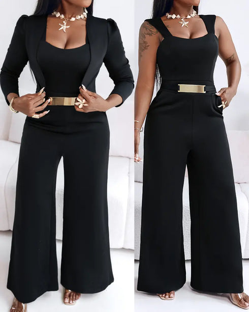 2 Pieces Outfit Metal Decor Square Neck Thick Strap Zipper Back Cinched Waist Wide Leg Jumpsuit and Casual Crop Cardigan Set black