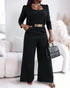 2 Pieces Outfit Metal Decor Square Neck Thick Strap Zipper Back Cinched Waist Wide Leg Jumpsuit and Casual Crop Cardigan Set black