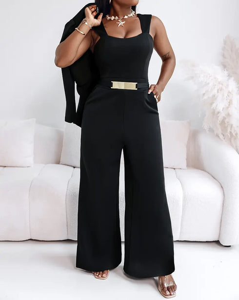 2 Pieces Outfit Metal Decor Square Neck Thick Strap Zipper Back Cinched Waist Wide Leg Jumpsuit and Casual Crop Cardigan Set black