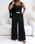 2 Pieces Outfit Metal Decor Square Neck Thick Strap Zipper Back Cinched Waist Wide Leg Jumpsuit and Casual Crop Cardigan Set black