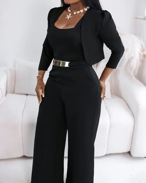 2 Pieces Outfit Metal Decor Square Neck Thick Strap Zipper Back Cinched Waist Wide Leg Jumpsuit and Casual Crop Cardigan Set black