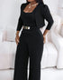 2 Pieces Outfit Metal Decor Square Neck Sleeveless Cinched Waist Wide Leg Jumpsuit and Casual Crop Cardigan Sets black