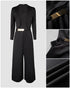2 Pieces Outfit Metal Decor Square Neck Sleeveless Cinched Waist Wide Leg Jumpsuit and Casual Crop Cardigan Sets black