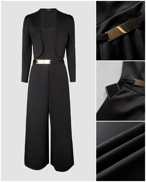 2 Pieces Outfit Metal Decor Square Neck Thick Strap Zipper Back Cinched Waist Wide Leg Jumpsuit and Casual Crop Cardigan Set black