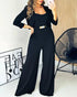 2 Pieces Outfit Metal Decor Square Neck Sleeveless Cinched Waist Wide Leg Jumpsuit and Casual Crop Cardigan Sets black