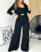 2 Pieces Outfit Metal Decor Square Neck Thick Strap Zipper Back Cinched Waist Wide Leg Jumpsuit and Casual Crop Cardigan Set black