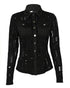 PU Leather Long Sleeve Flap Pocket Design Button Down Top black