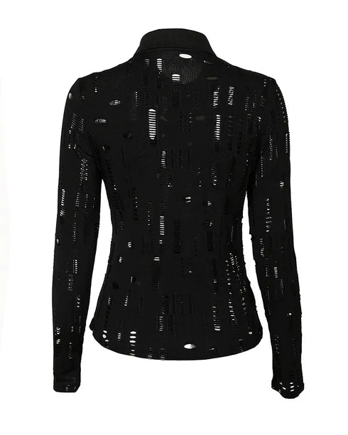 PU Leather Long Sleeve Flap Pocket Design Button Down Top black