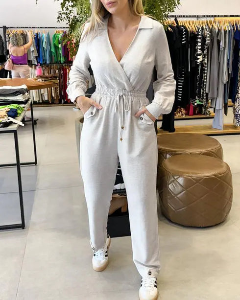 Turn-down Collar Overlap V-Neck Drawstring Stretchy Waist Jumpsuit Casual Flap Pockets Design Jumpsuit beige