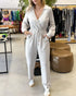 Turn-down Collar Overlap V-Neck Drawstring Stretchy Waist Jumpsuit Casual Flap Pockets Design Jumpsuit beige
