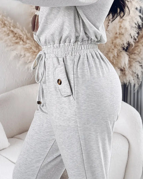 Turn-down Collar Overlap V-Neck Drawstring Stretchy Waist Jumpsuit Casual Flap Pockets Design Jumpsuit beige