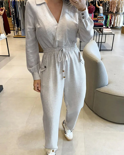 Turn-down Collar Overlap V-Neck Drawstring Stretchy Waist Jumpsuit Casual Flap Pockets Design Jumpsuit beige