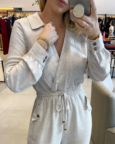 Turn-down Collar Overlap V-Neck Drawstring Stretchy Waist Jumpsuit Casual Flap Pockets Design Jumpsuit beige