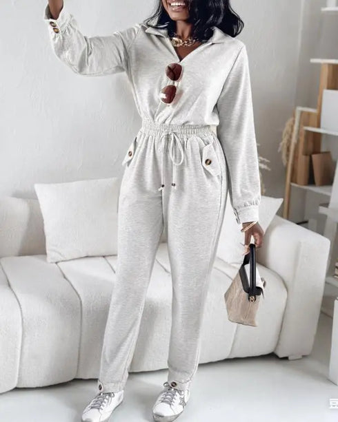 Turn-down Collar Overlap V-Neck Drawstring Stretchy Waist Jumpsuit Casual Flap Pockets Design Jumpsuit beige